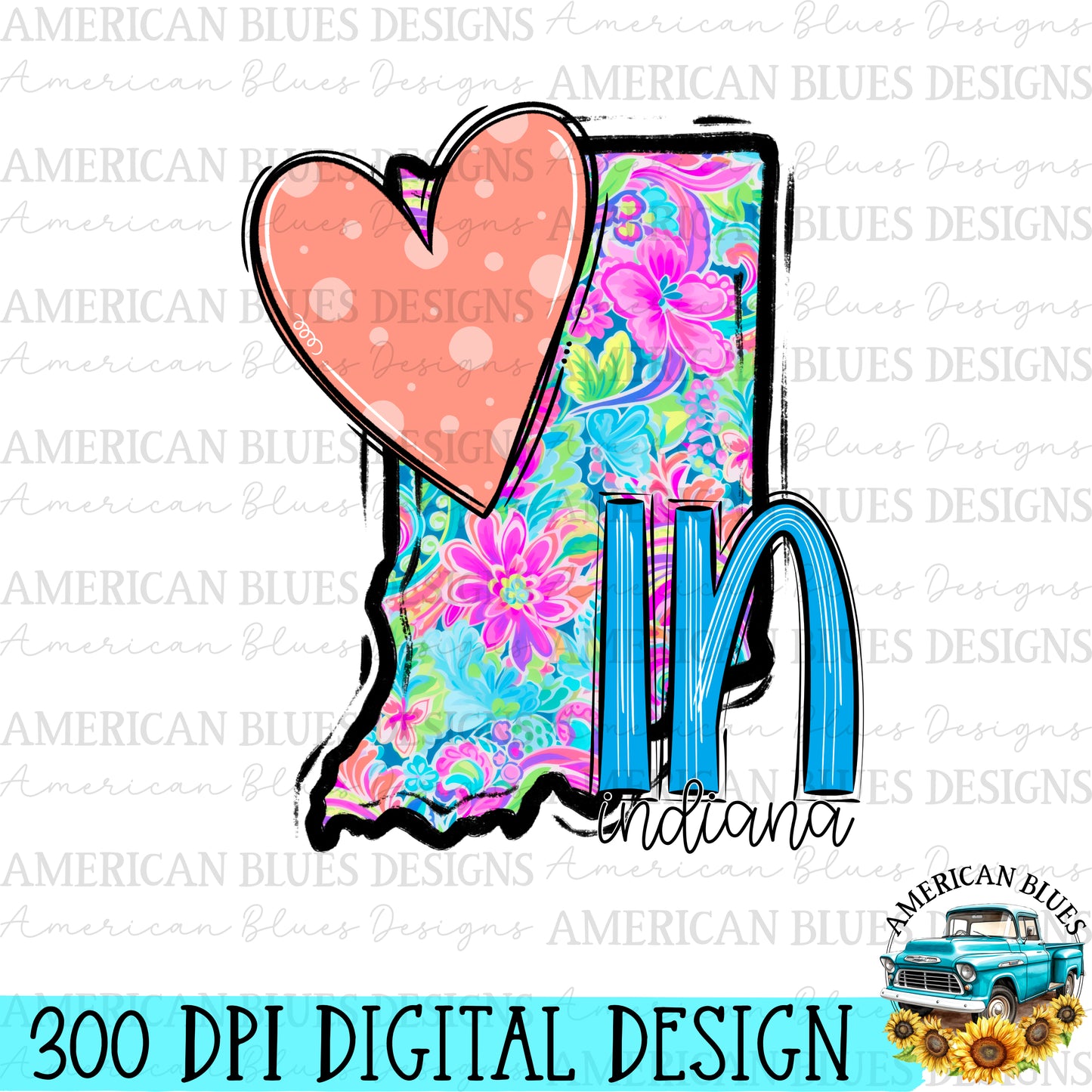 Indiana- state heart digital design | American Blues Designs