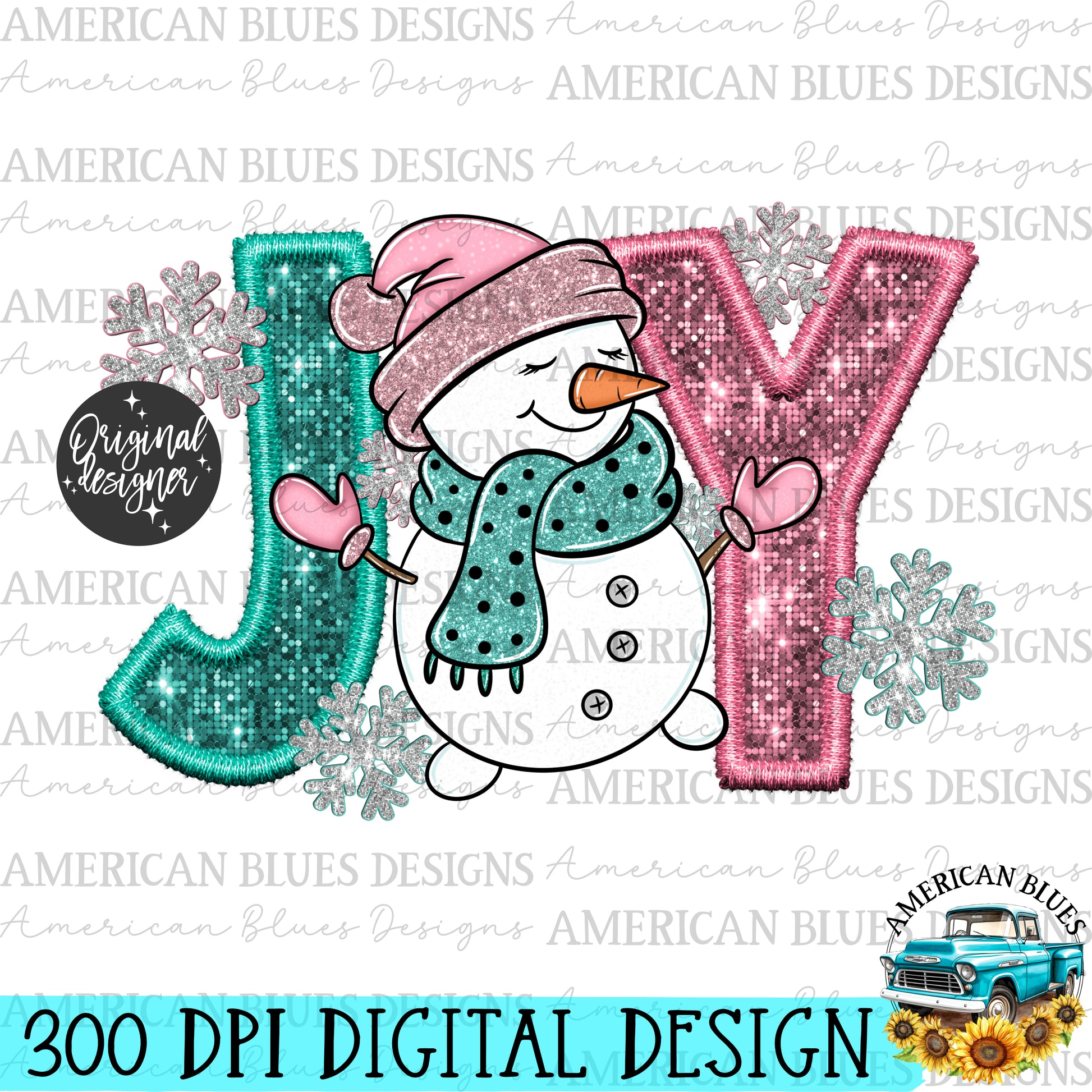 Joy snowman faux embroidery & sequins digital design | American Blues Design