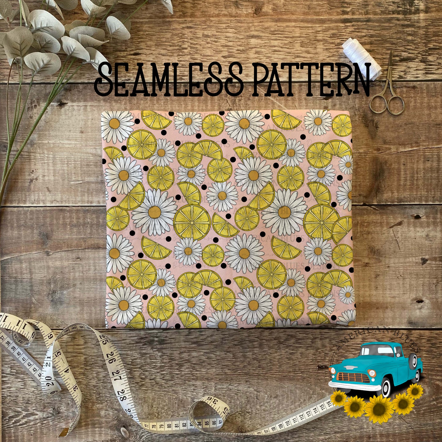 Lemon & Daises seamless- pink and white