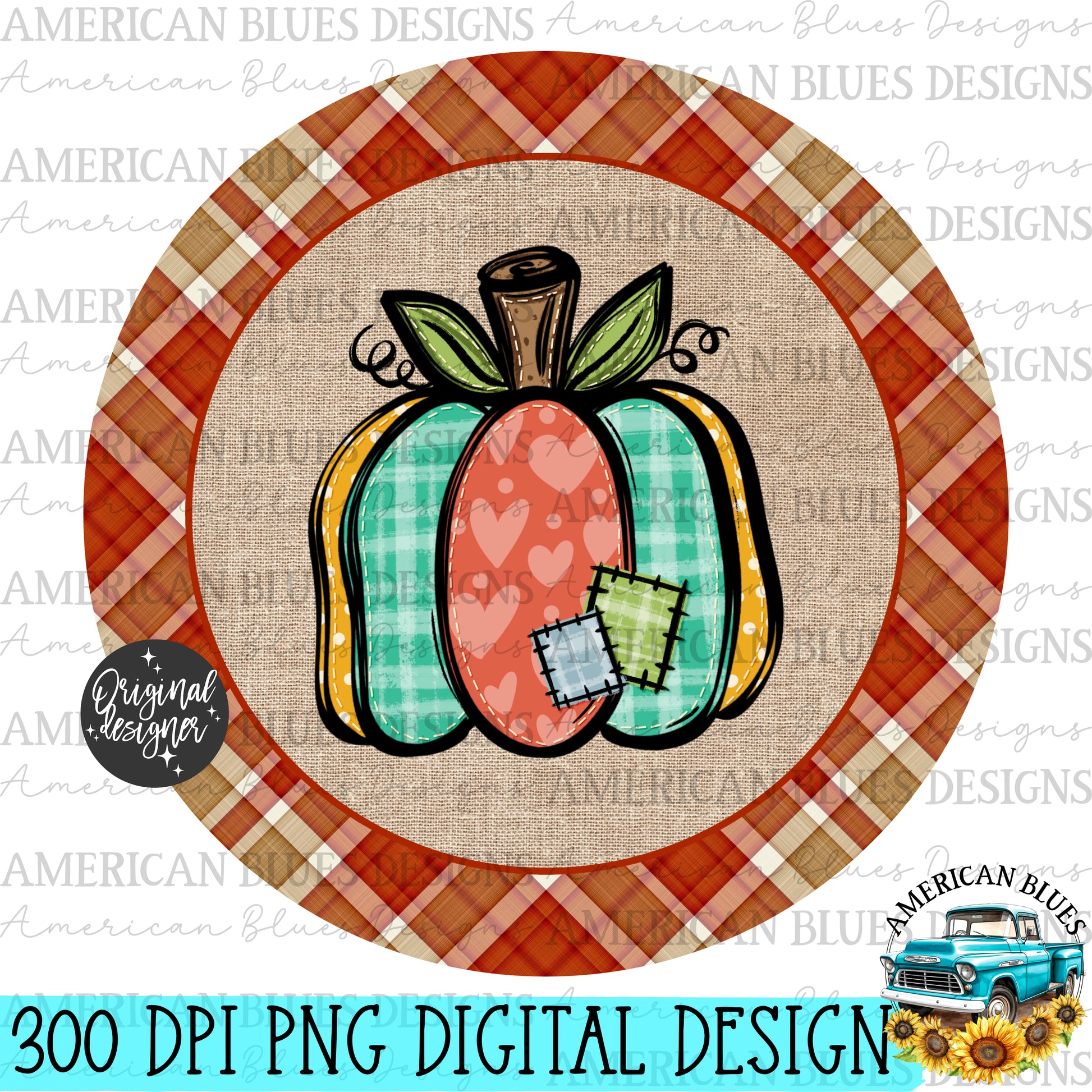 Patchwork Pumpkin car coaster digital design | American Blues Designs