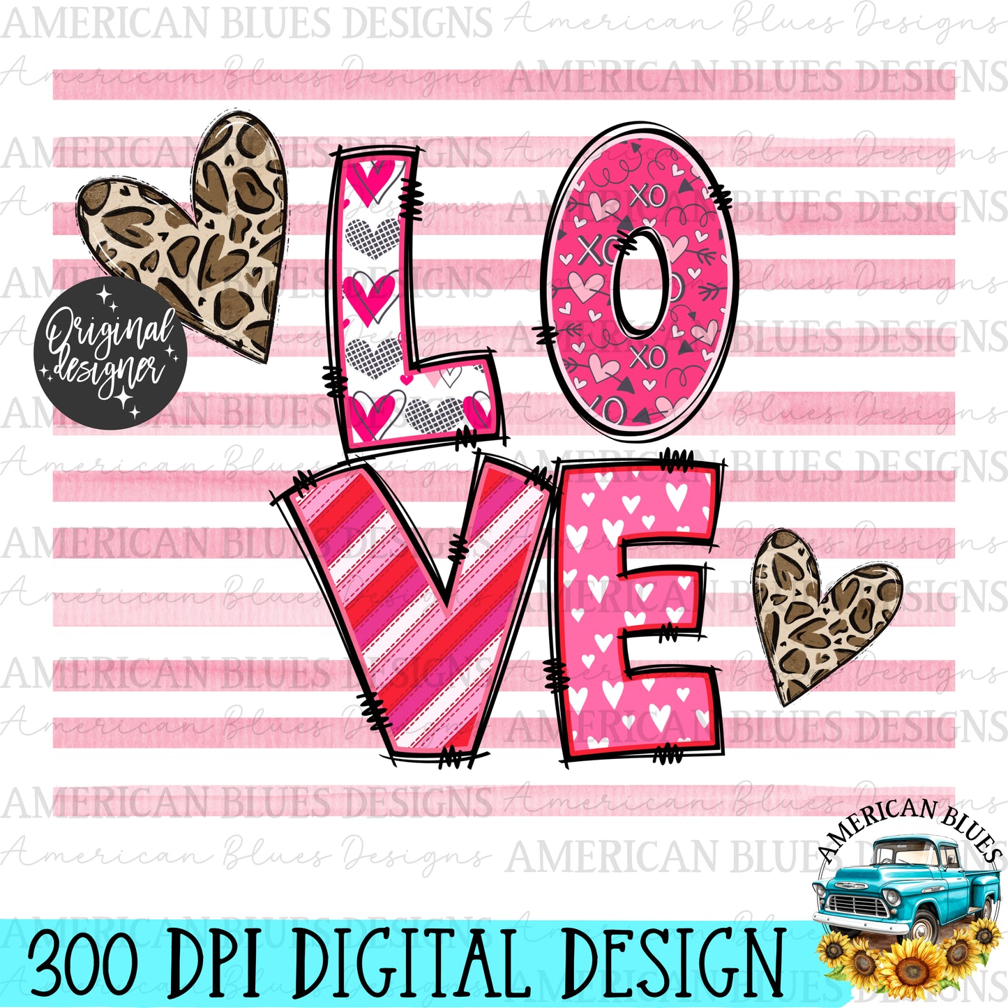 Love hearts & stripes 20 oz tumbler wrap digital design | American Blues Designs