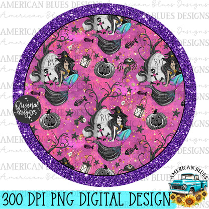 Witchy mermaid in graveyard car coaster digital design | American Blues Designs