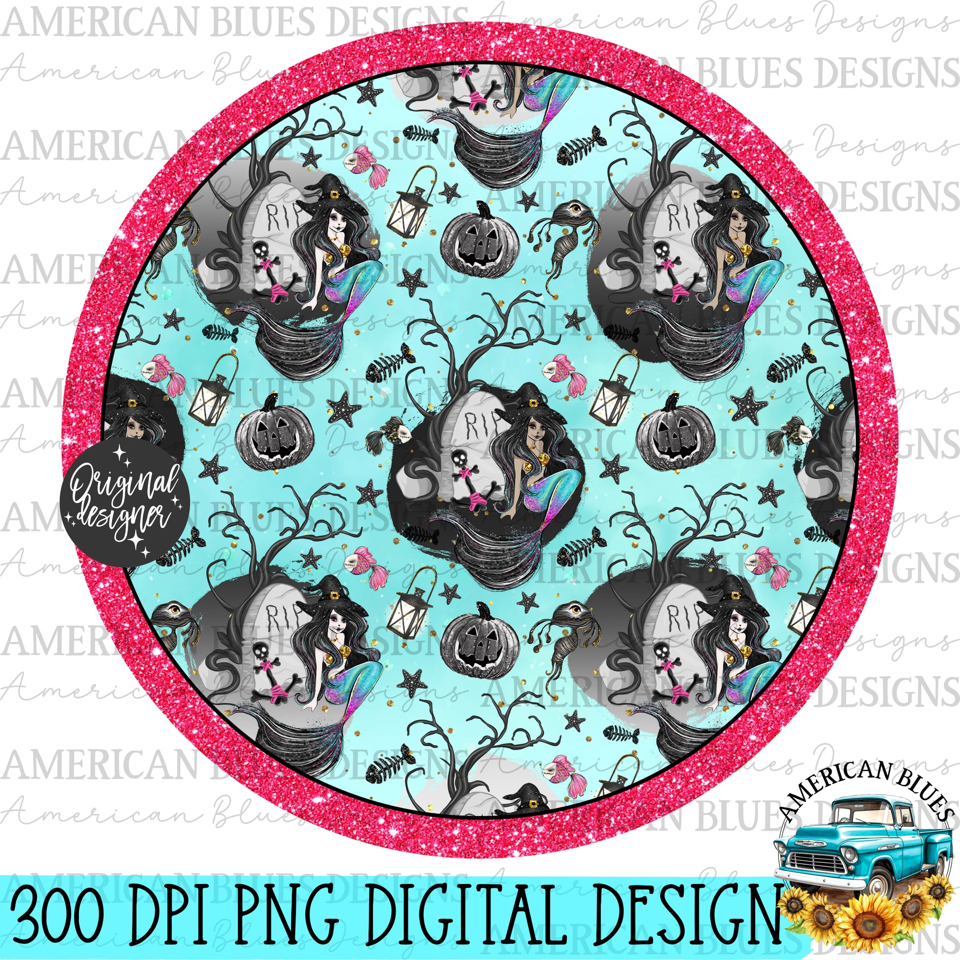 Witchy mermaid in graveyard car coaster digital design | American Blues Designs