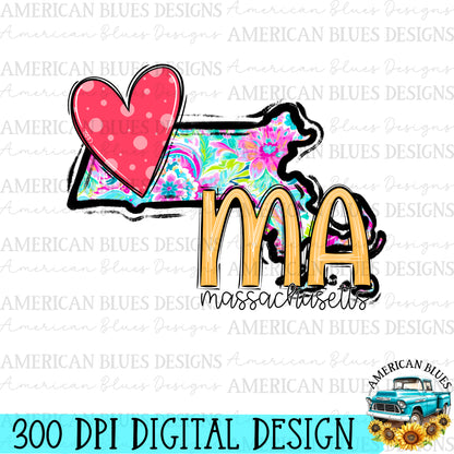 Massachusetts- state heart digital design | American Blues Designs