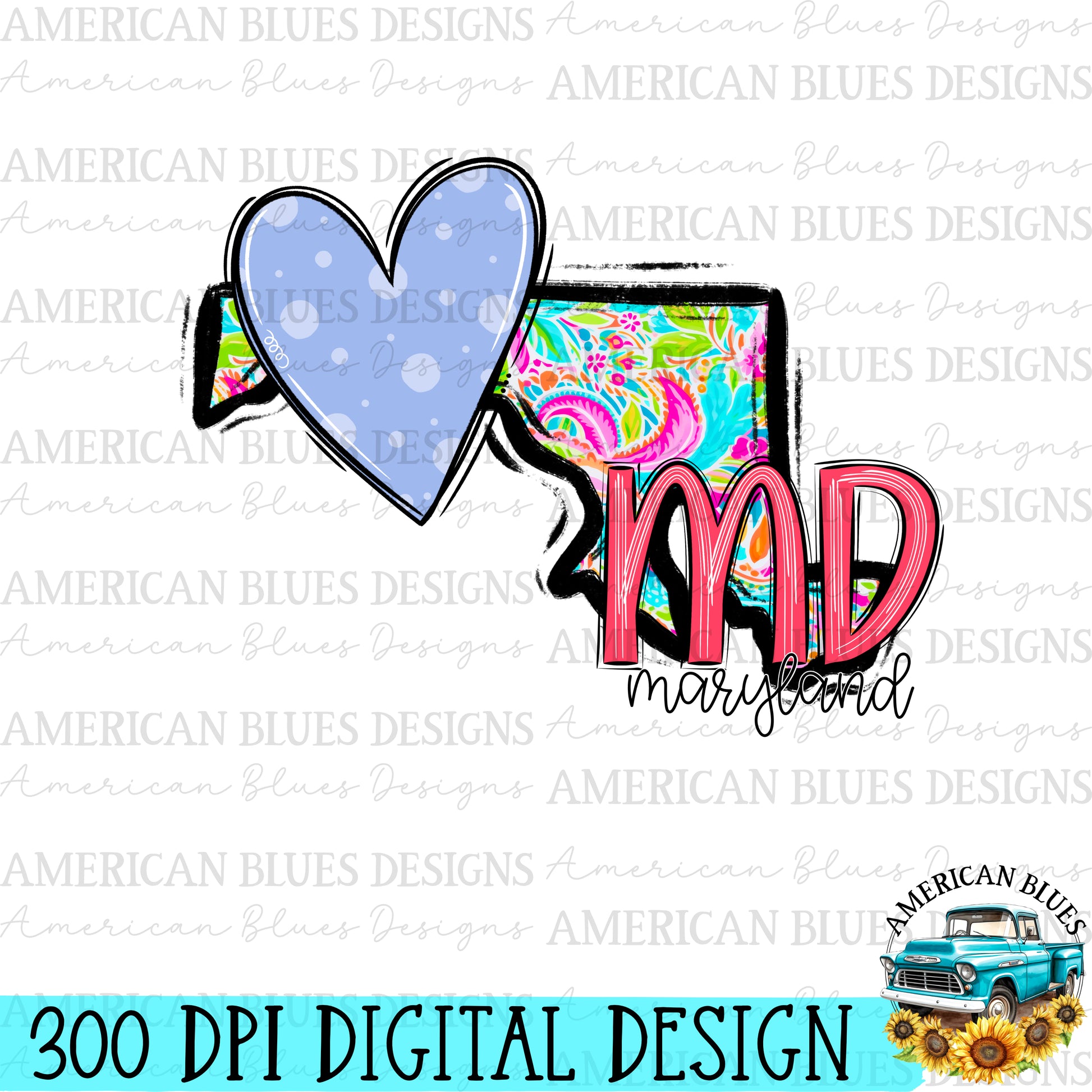 Maryland- state heart digital design | American Blues Designs