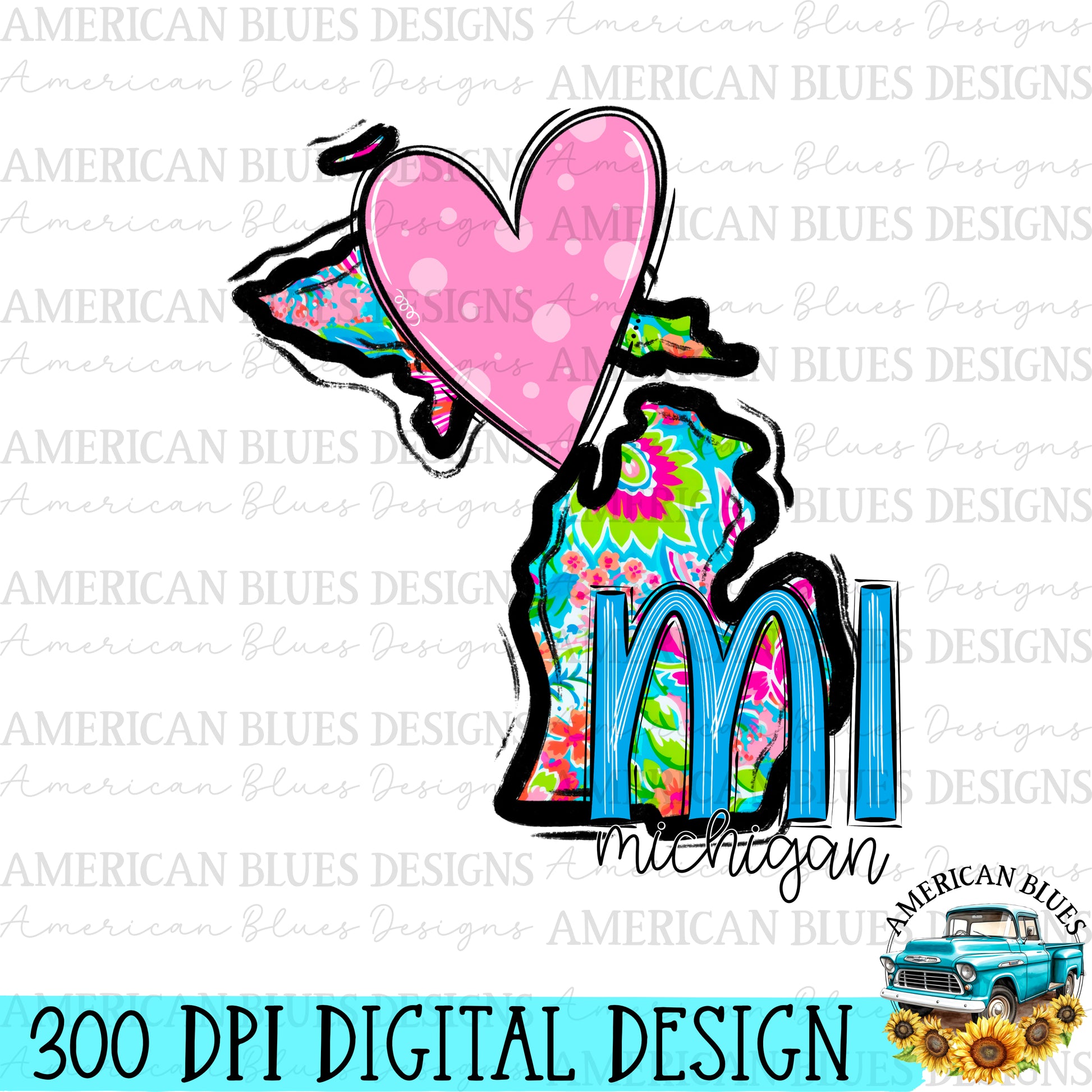 Michigan- state heart digital design | American Blues Designs