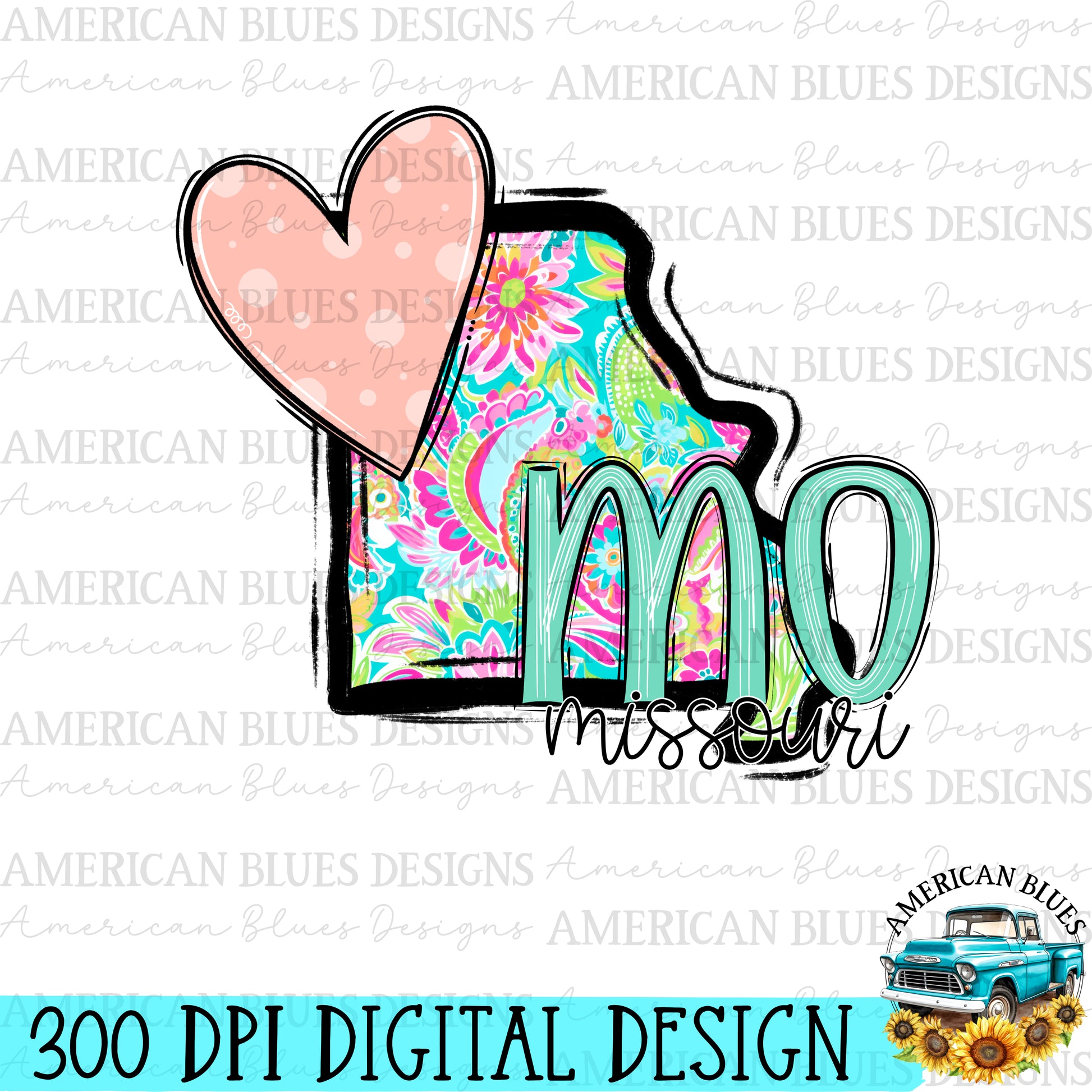 Missouri- state heart digital design | American Blues Designs