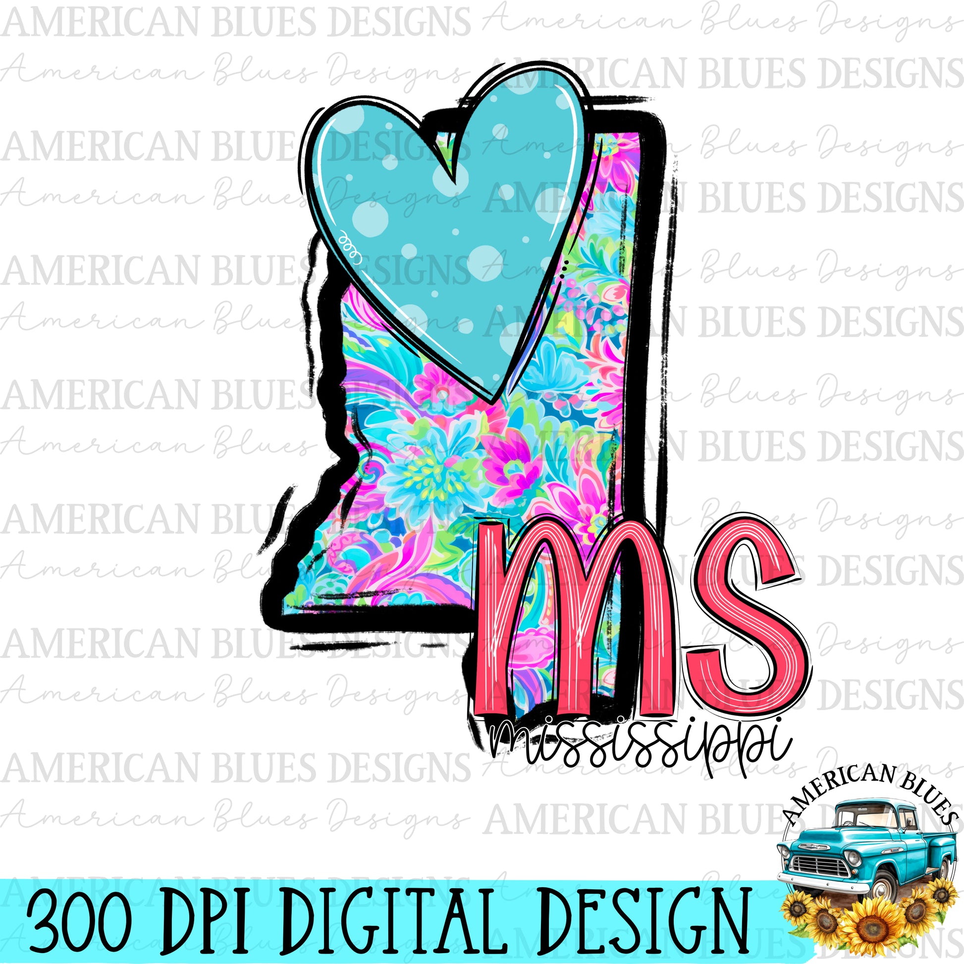 Mississippi- state heart digital design | American Blues Designs