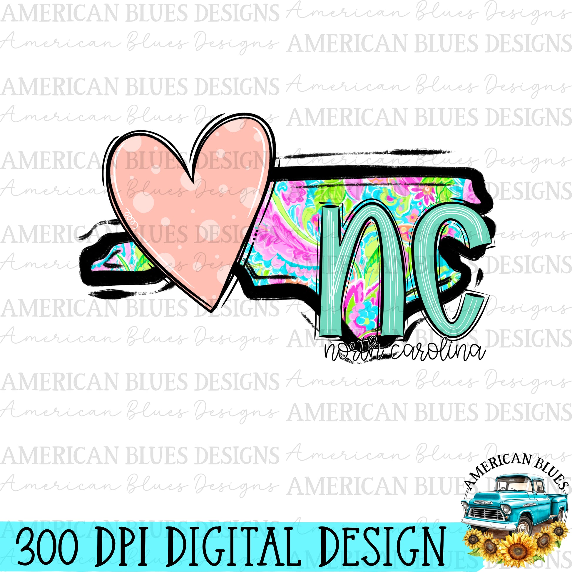 North Carolina- state heart digital design | American Blues Designs