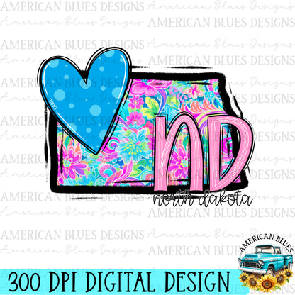 North Dakota- state heart digital design | American Blues Designs