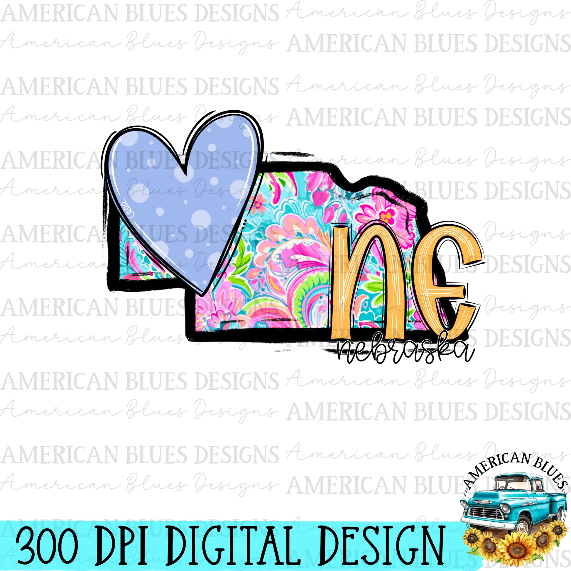 Nebraska- state heart digital design | American Blues Designs