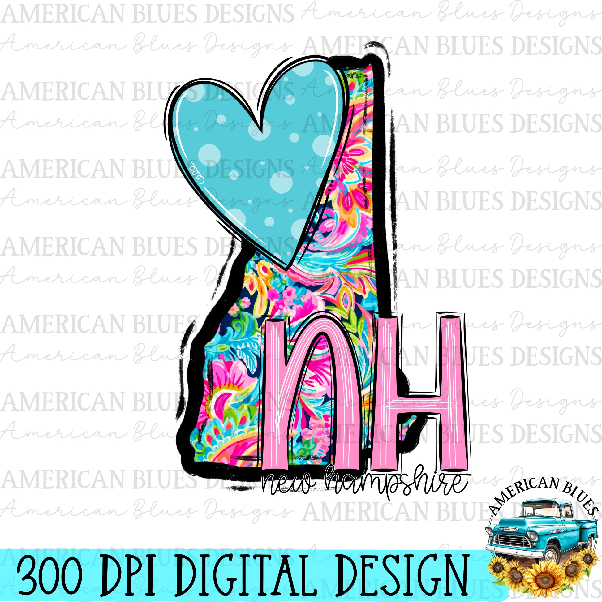 New Hampshire- state heart digital design | American Blues Designs