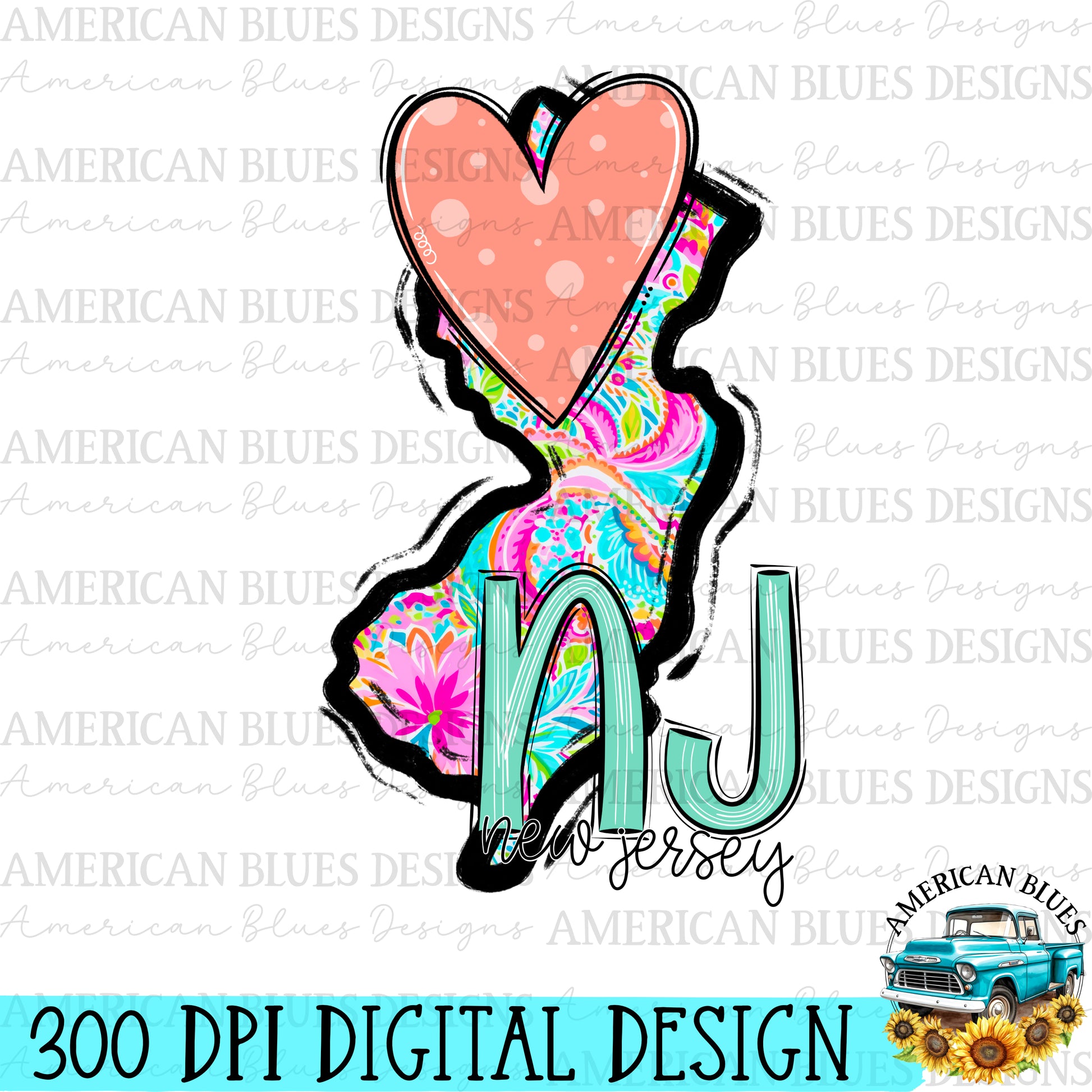 New Jersey- state heart digital design | American Blues Designs