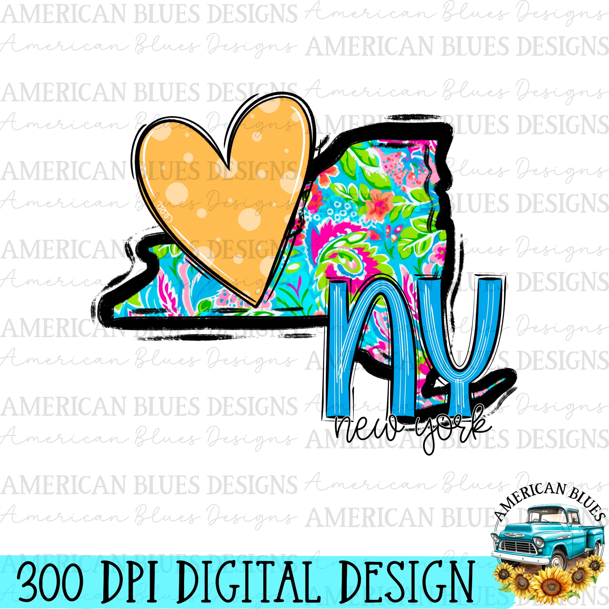 New York- state heart digital design | American Blues Designs