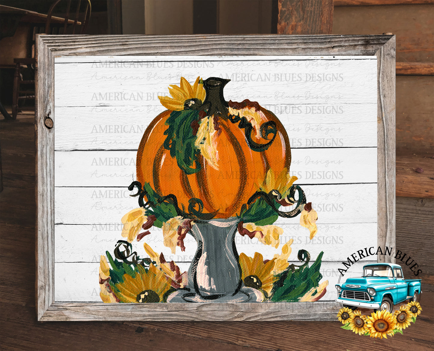 Fall painted pumpkin & sunflowers printable art | American Blues Designs