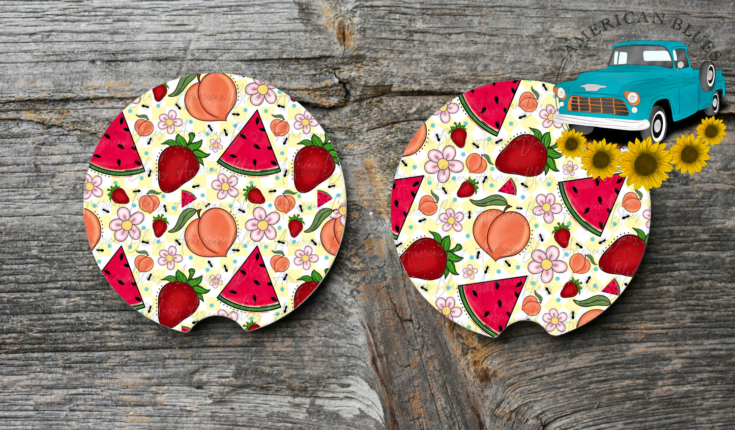 Peaches, Strawberries, Watermelon & ants car coaster