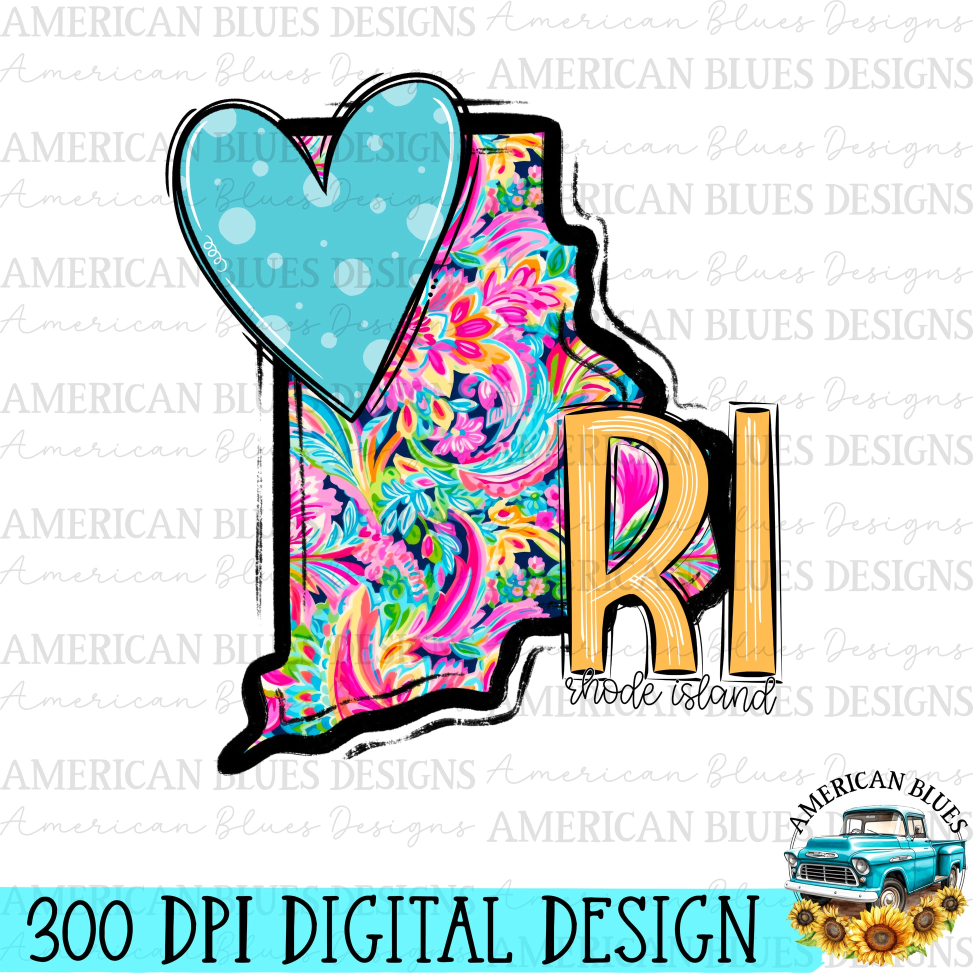 Rhode Island- state heart digital design | American Blues Designs