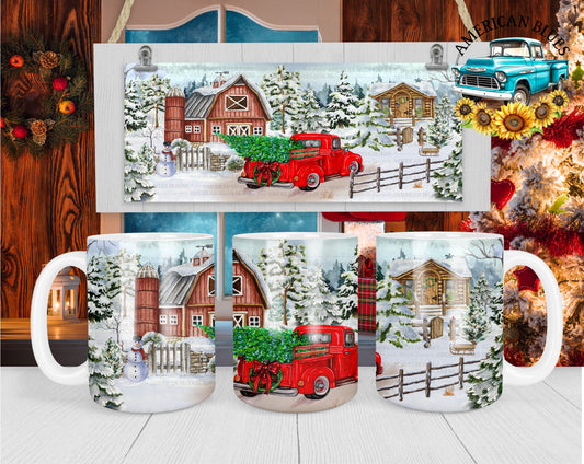 Old red truck & Winter farm mug wrap digital design | American Blues Designs