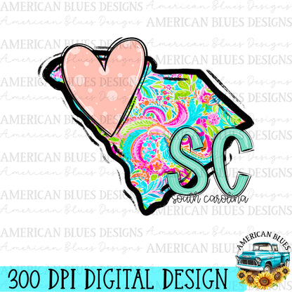 South Carolina- state heart digital design | American Blues Designs