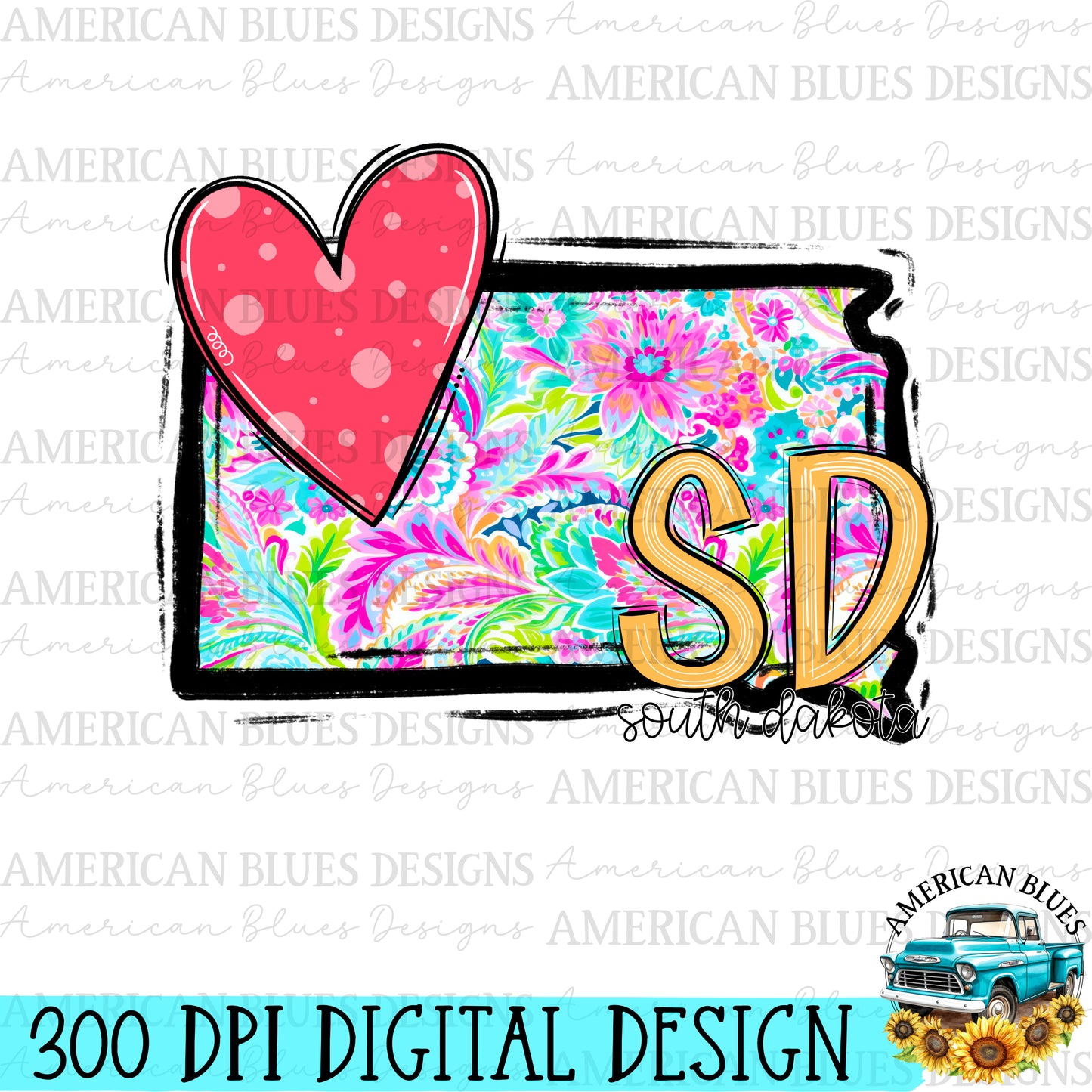 South Dakota- state heart digital design | American Blues Designs