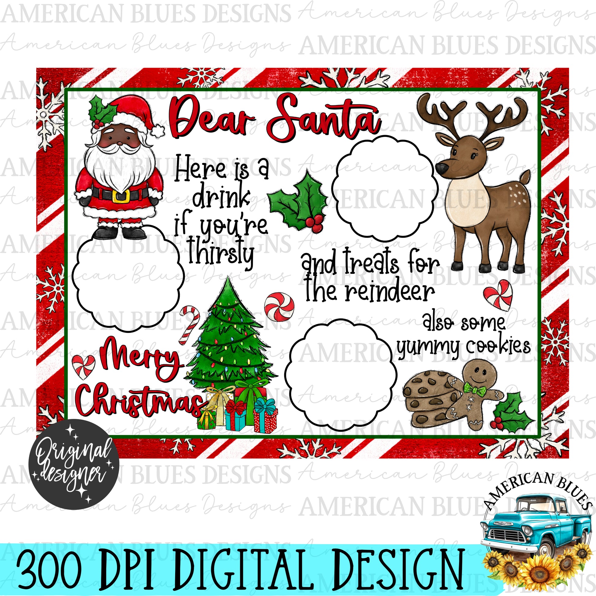 Santa cookie & treats placemat design- dark skin tone | American Blues Designs