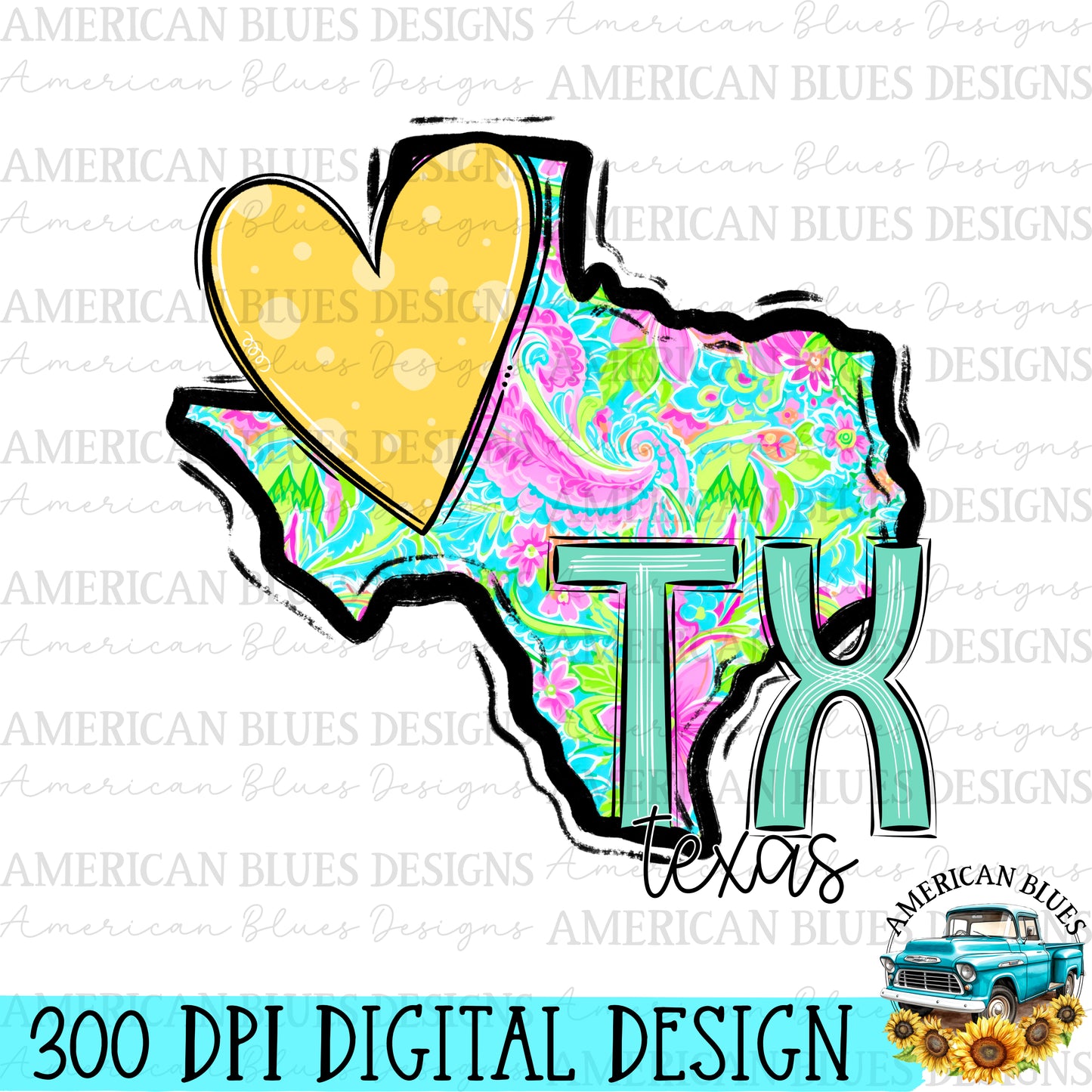 Texas- state heart digital design | American Blues Designs