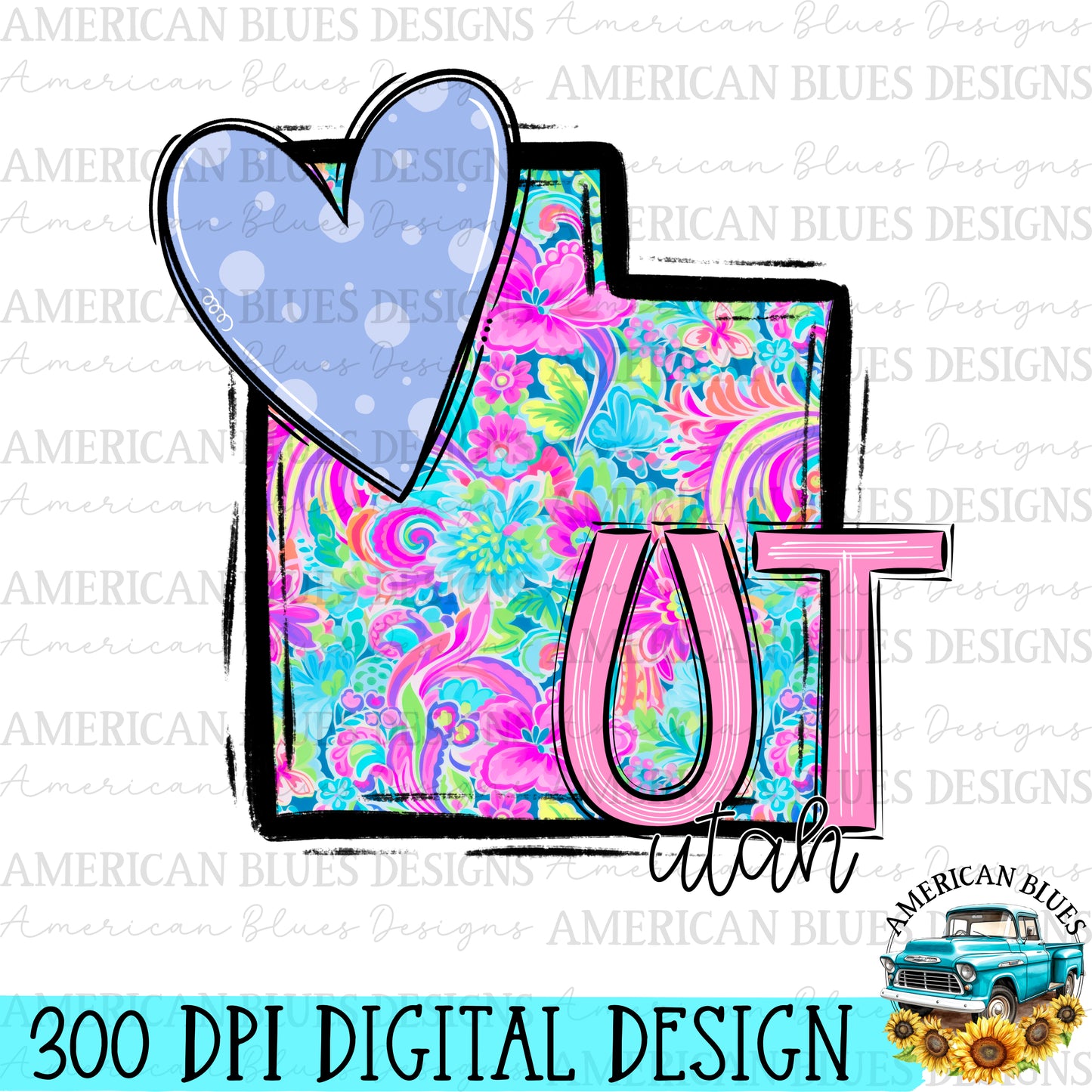 Utah- state heart digital design | American Blues Designs