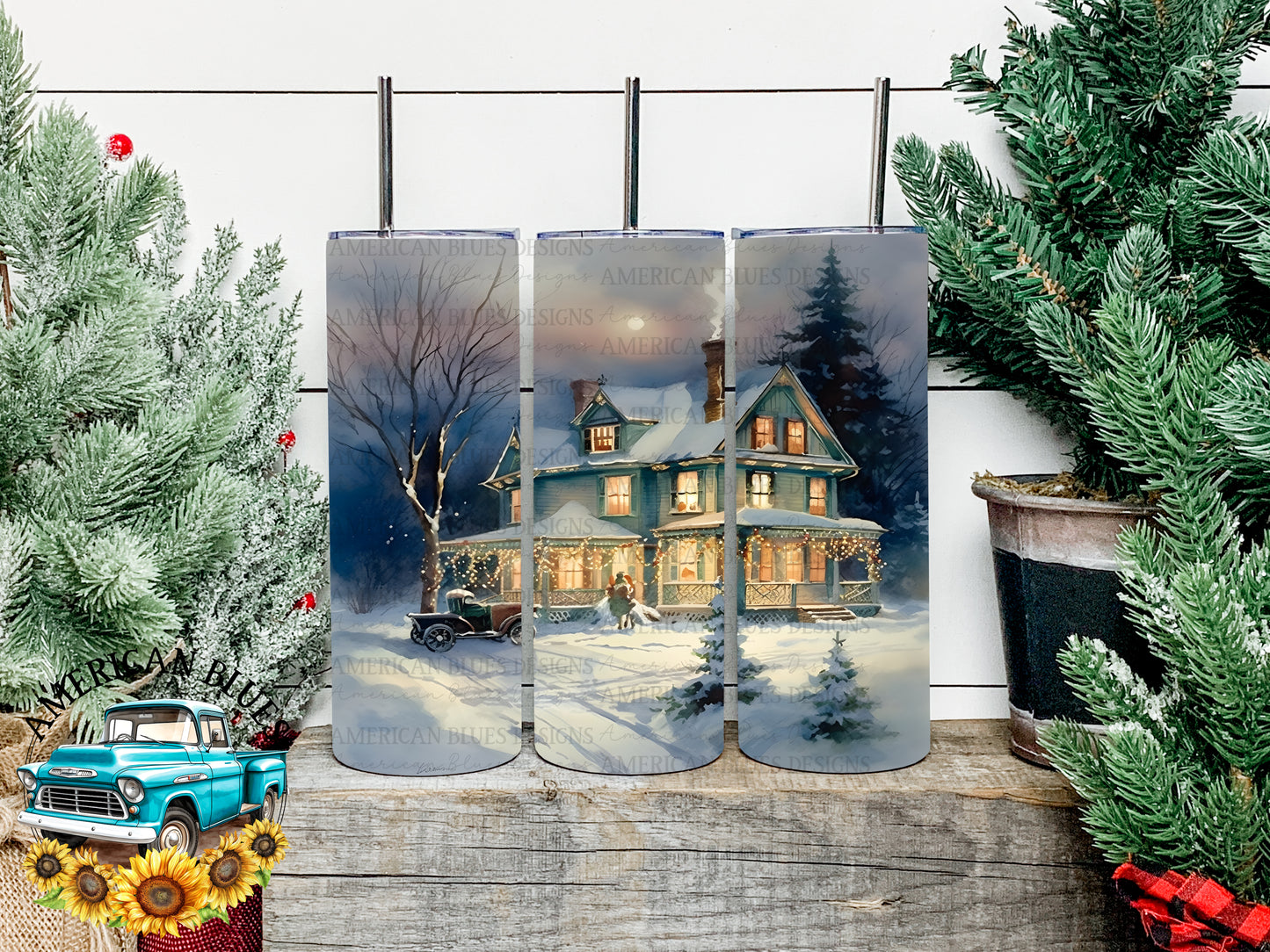 Vintage Christmas 20 oz tumbler wrap digital design | American Blues Designs