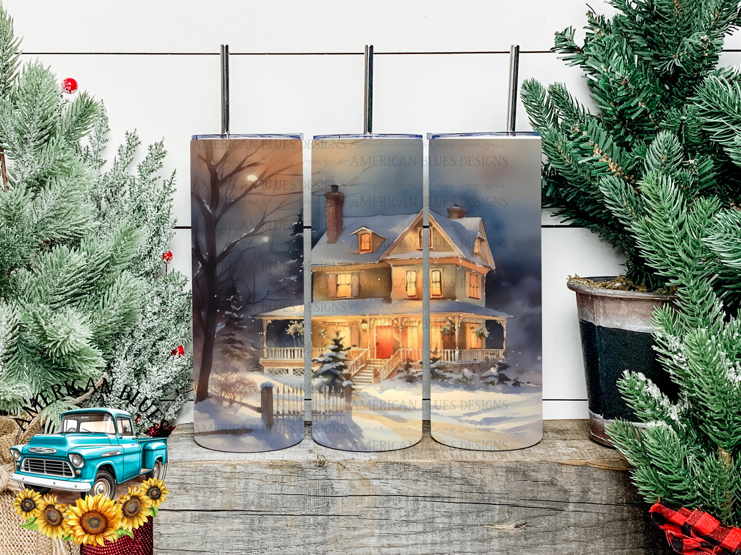 Vintage Christmas 20 oz tumbler wrap digital design | American Blues Designs