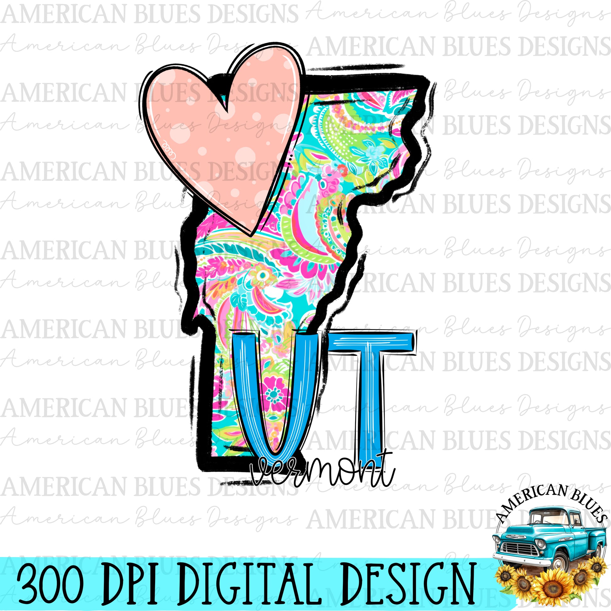 Vermont- state heart digital design | American Blues Designs