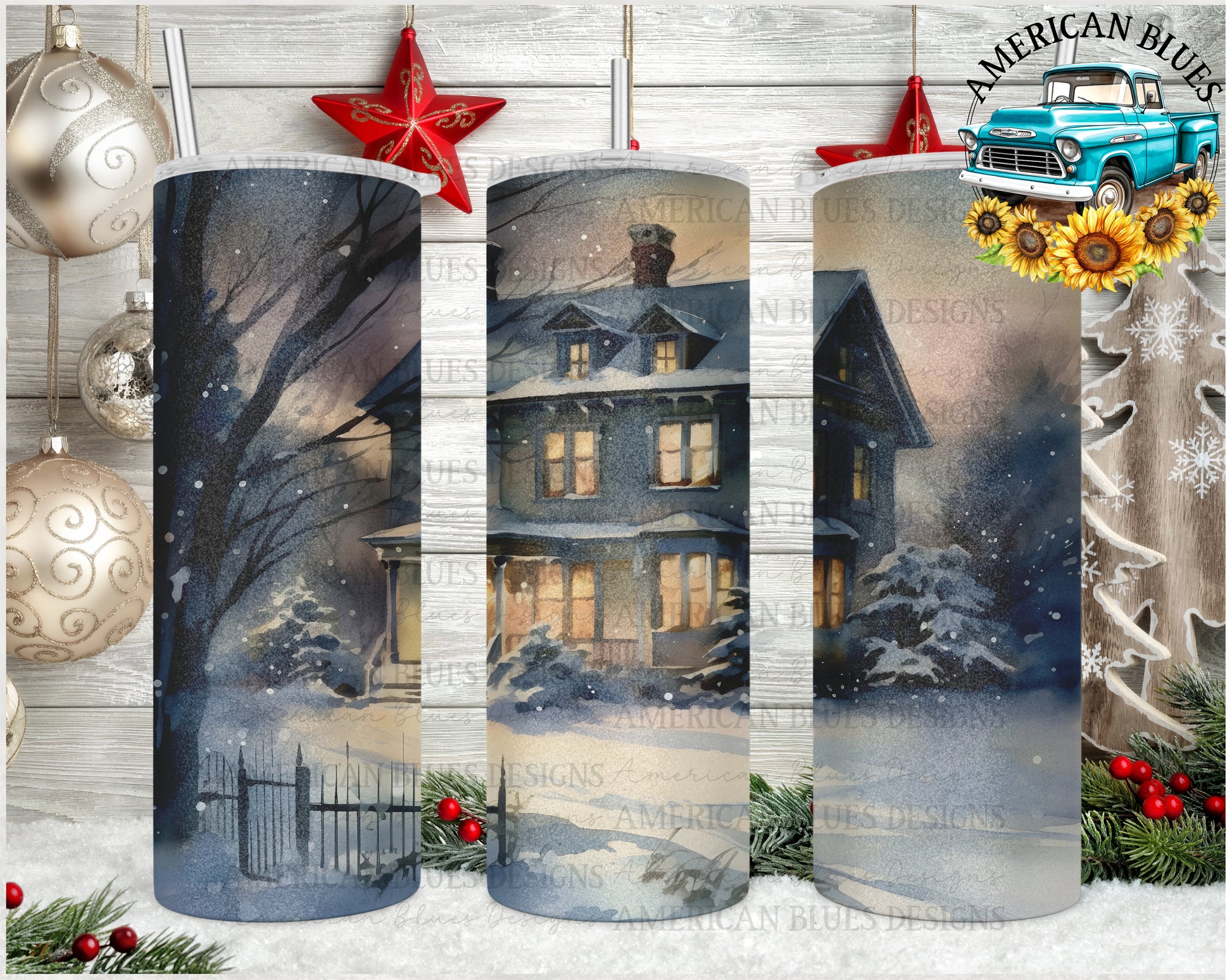 Vintage Christmas 20 oz tumbler wrap digital design | American Blues Designs