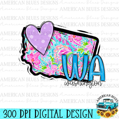 Washington- state heart digital design | American Blues Designs