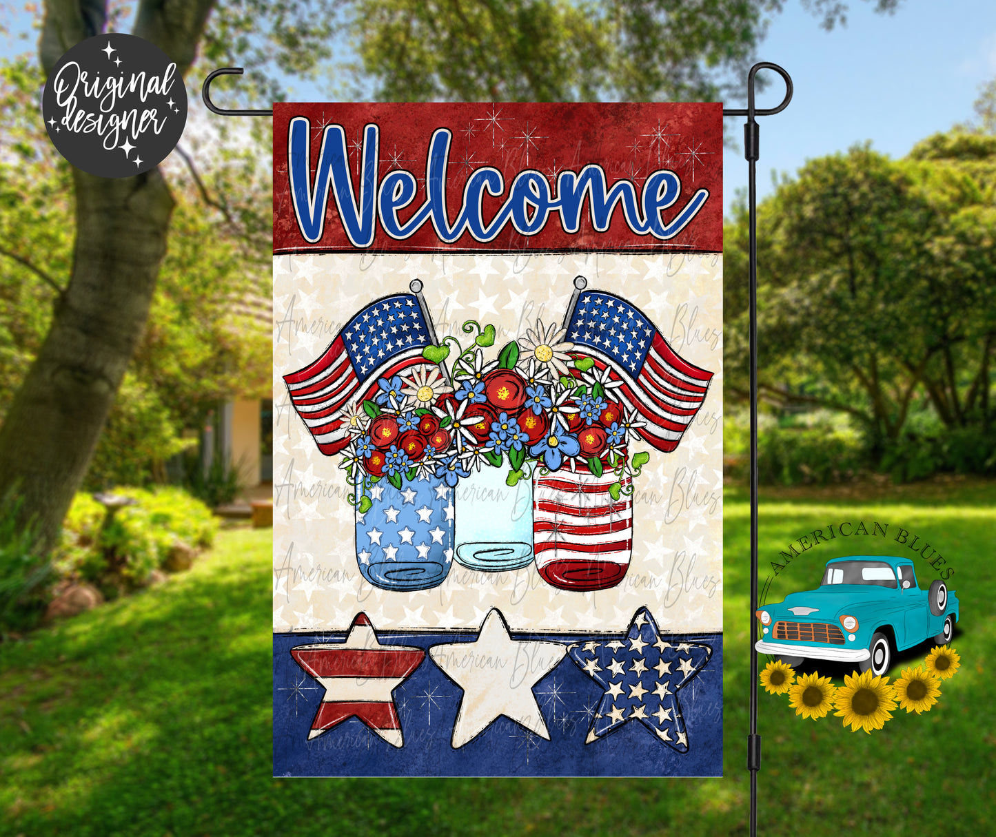 Welcome patriotic mason jar garden flag 12x18