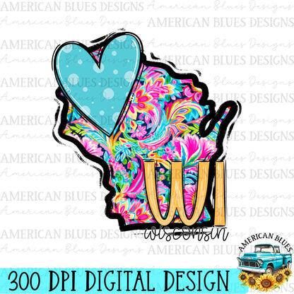 Wisconsin- state heart digital design | American Blues Designs