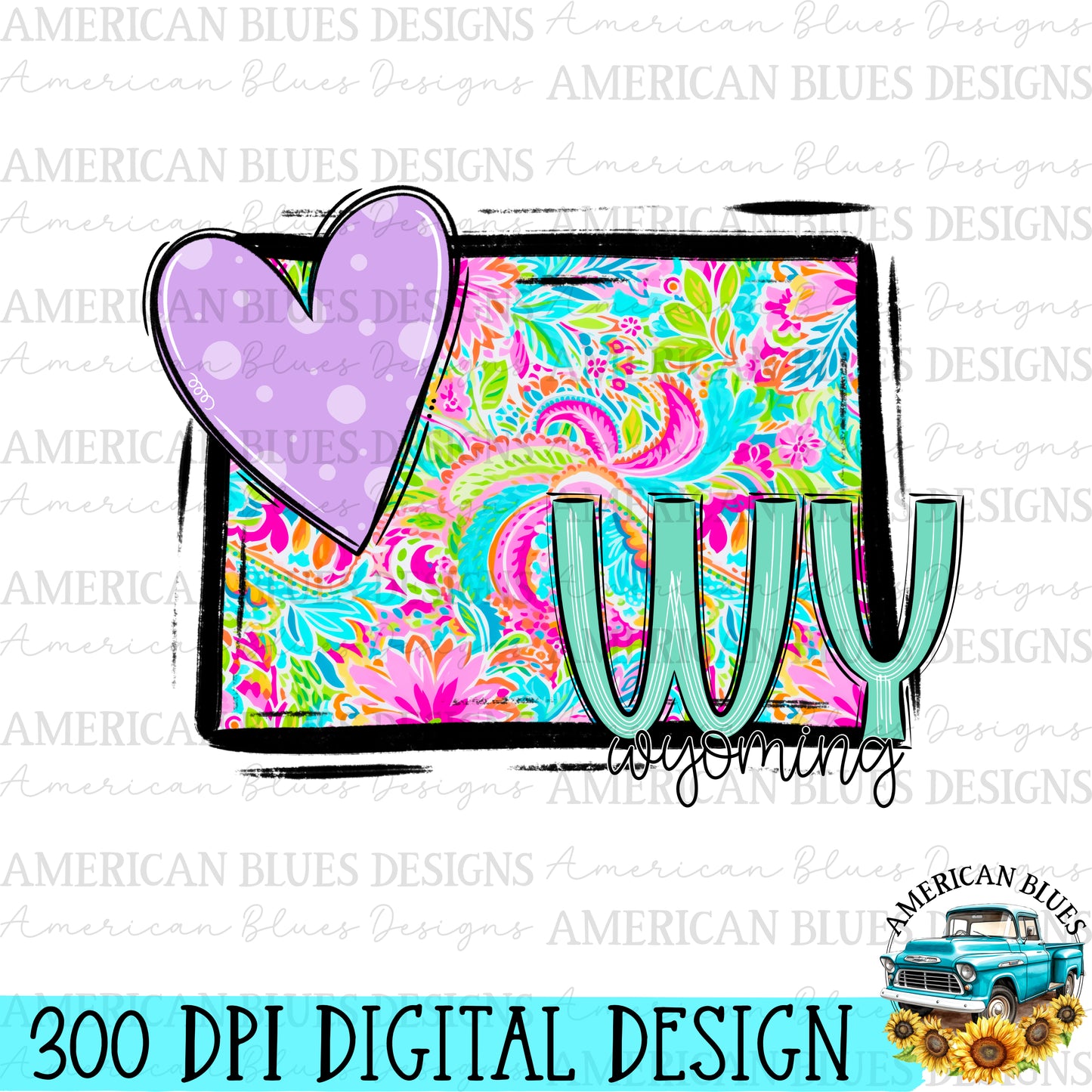 Wyoming- state heart digital design | American Blues Designs