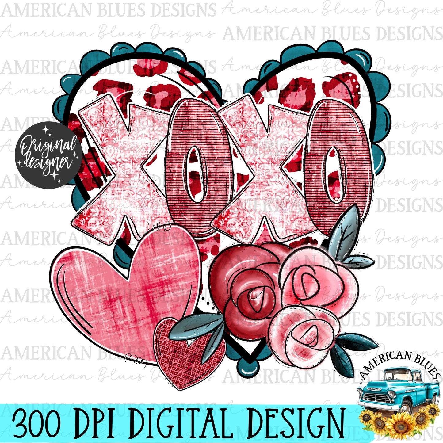 XOXO vintage heart and rose digital design | American Blues Designs