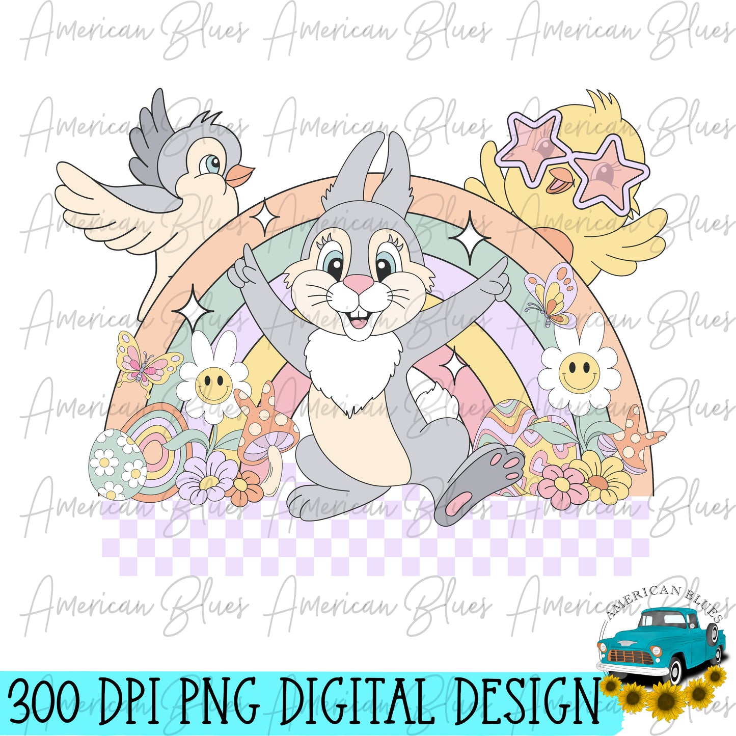 Easter retro bunny rainbow- regular and distressed version included