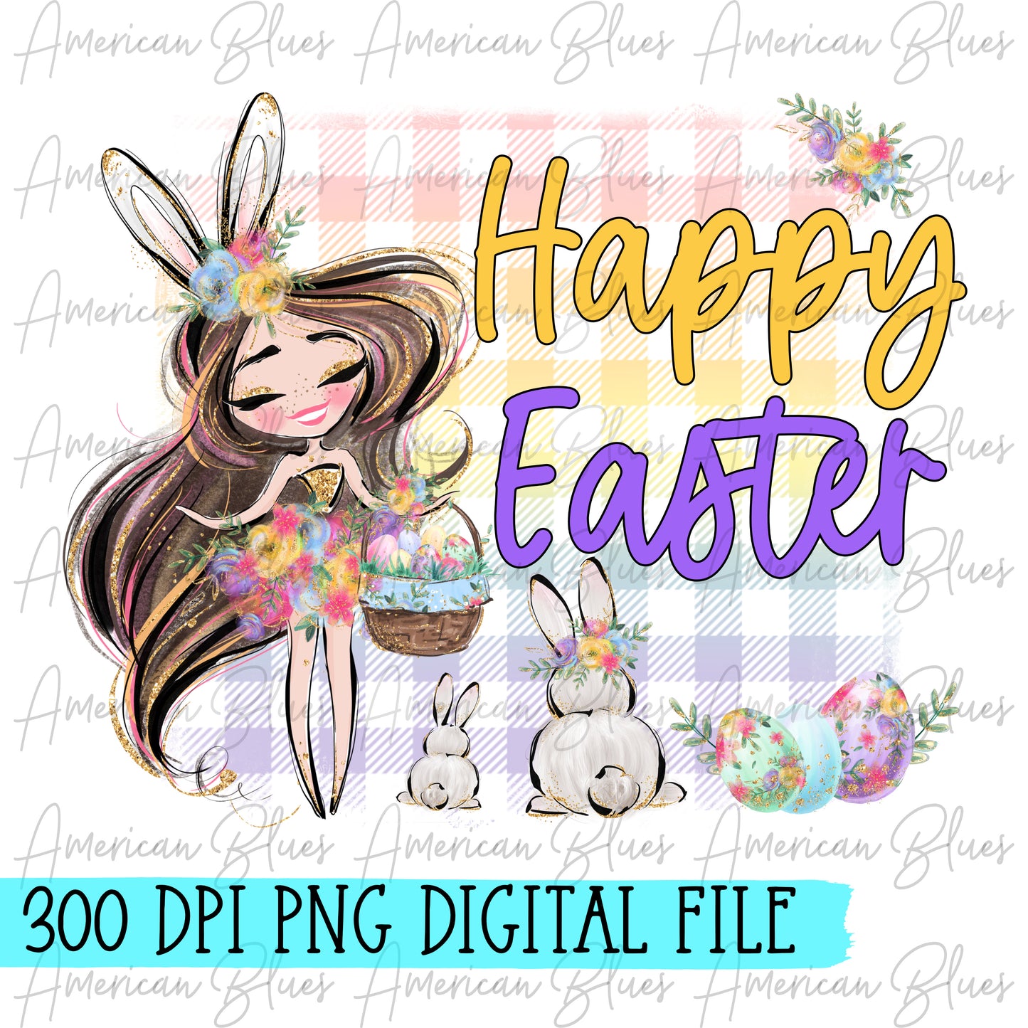 Happy Easter Girl with brown hair- DIGITAL