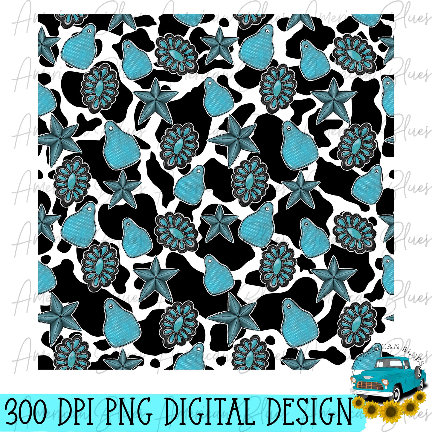 Turquoise, Cow tags, Tin Stars and Cow print seamless pattern