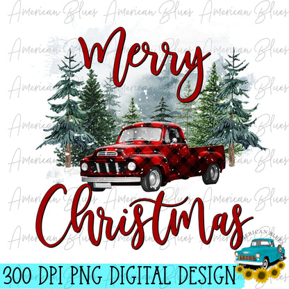 Merry Christmas red plaid truck