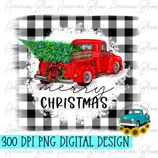 Merry Christmas buffalo plaid truck with tree