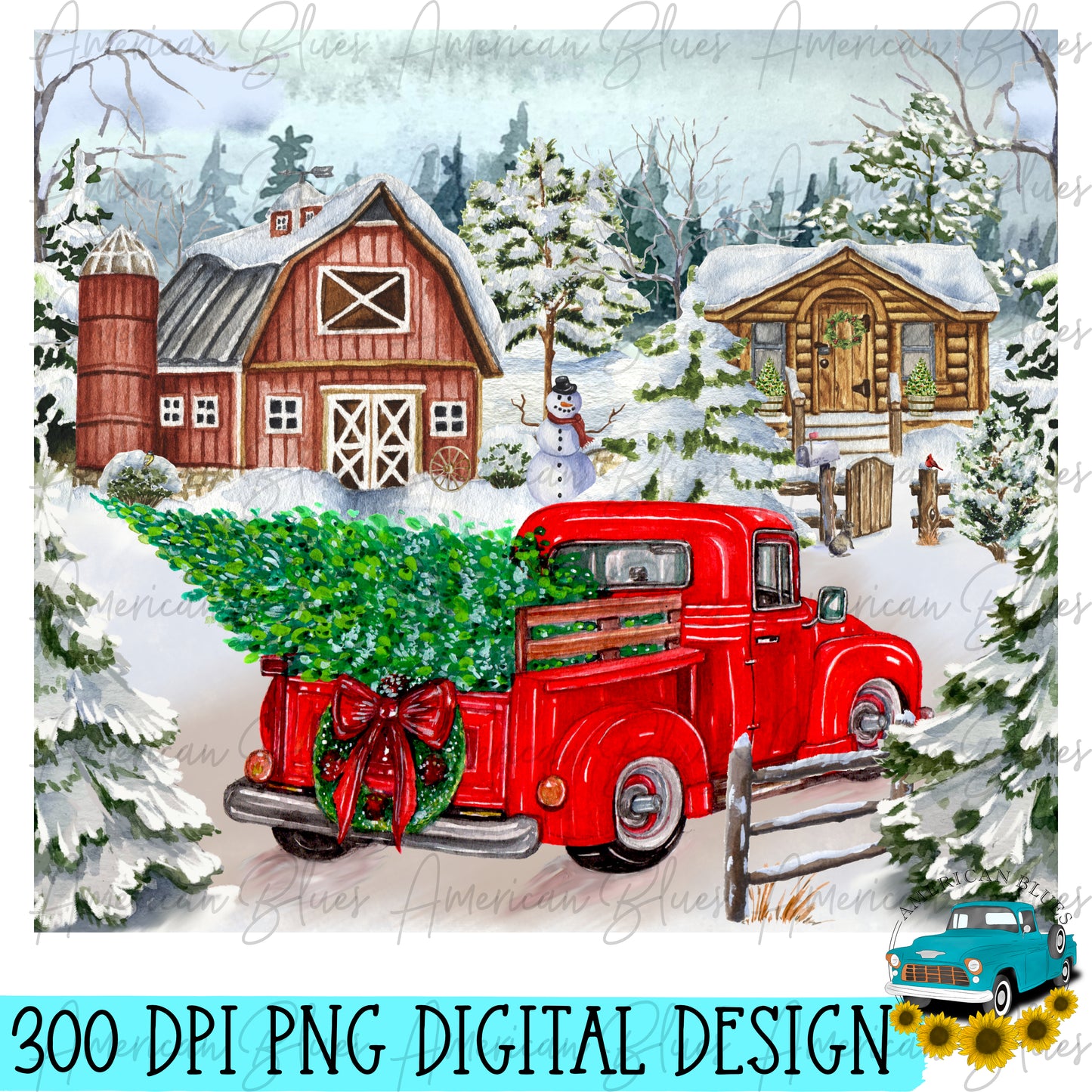 Christmas farmhouse with old red truck TUMBLER WRAP