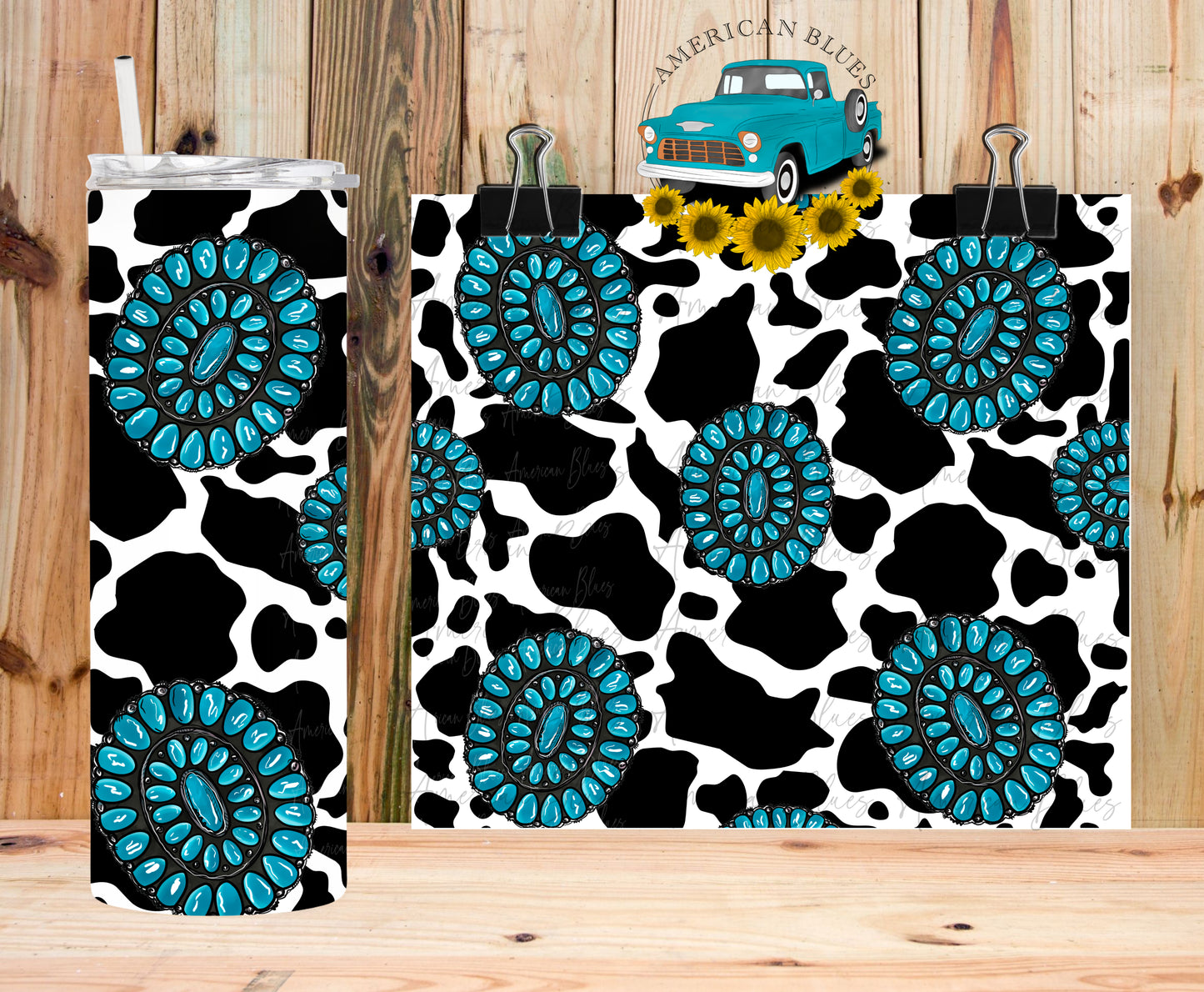 Cow print and turquoise concho 20 oz tumbler wrap