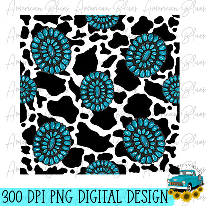 Cow print and turquoise concho seamless pattern