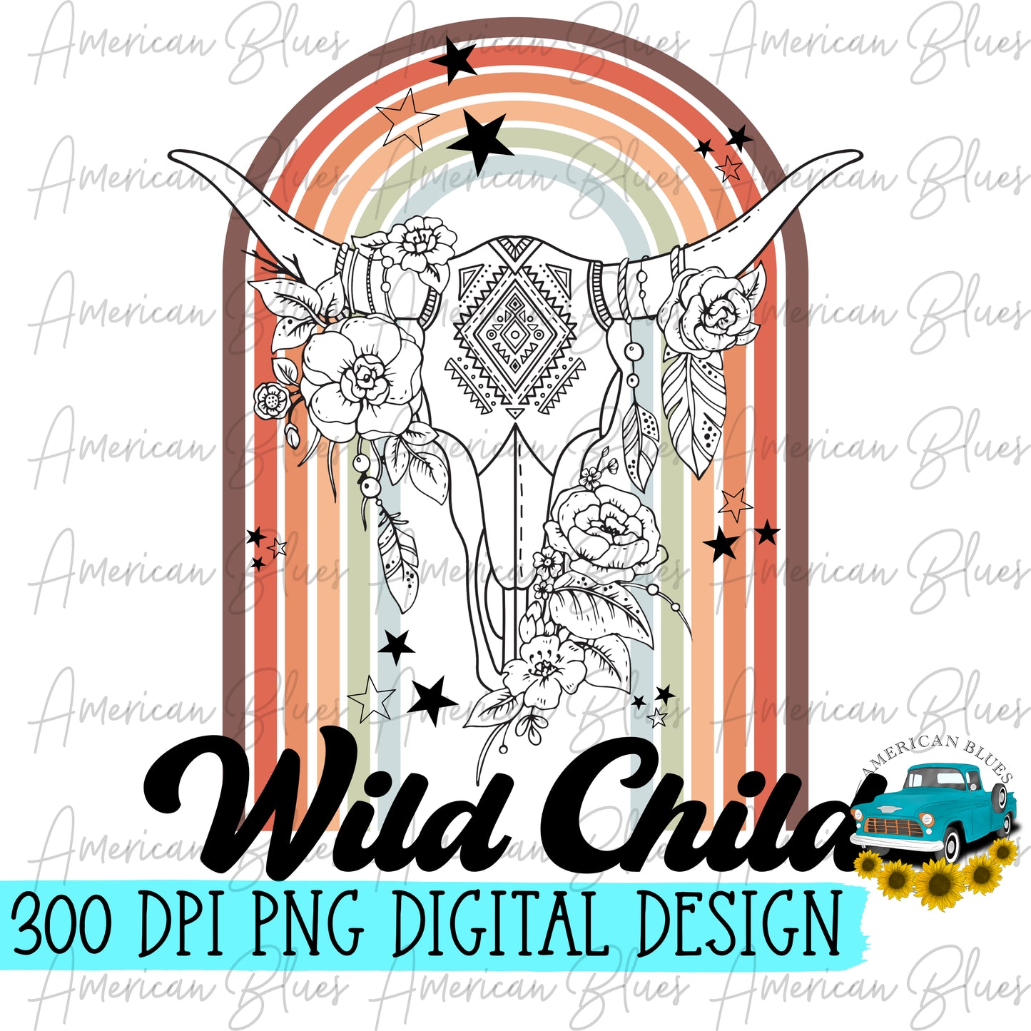 Wild Child-boho rainbow & skull